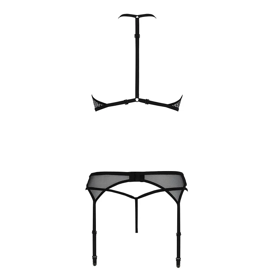 Комплект білизни Passion SATARA SET black, топ, пояс для панчіх, стрінги