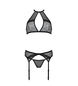 Комплект білизни Passion SATARA SET black, топ, пояс для панчіх, стрінги