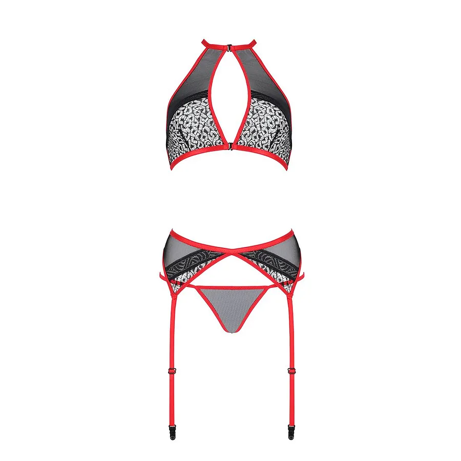 Комплект білизни Passion SATARA SET red, топ, пояс для панчіх, стрінги