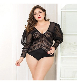 Мереживне боді JSY «Спокуслива Мері» Plus Size, Black, рукави-ліхтарики, дрібна сітка