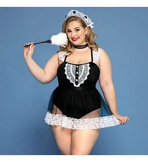 Костюм секс-покоївки JSY «Гаряча Кері» Plus Size Black, боді, спідниця, чокер, головний убір, мітелк