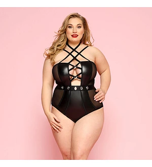 Сексуальне боді JSY «Пристрасна Лорейн» Plus Size Black, люверси, стрепи, екошкіра, шнурівка