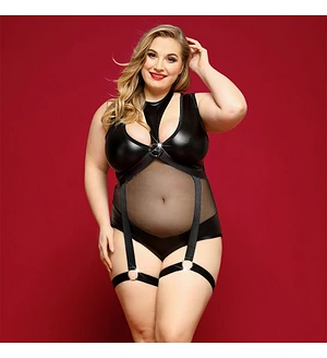 Елегантне боді з екошкіри JSY «Спокуслива Морган» Plus Size, Black, сітка, портупея з гартерами