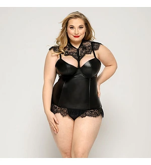 Латексний комплект білизни JSY «Пристрасна Ірис» Plus Size, Black, корсет, стрінги, мереживо