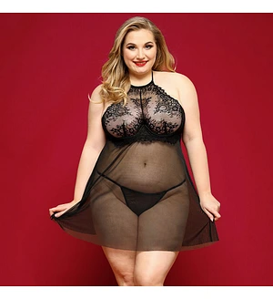 Сорочка бебі-дол JSY «Пристрасна Ліліт» Plus Size, Black, халтер, дрібна сітка, мереживо, стрінги
