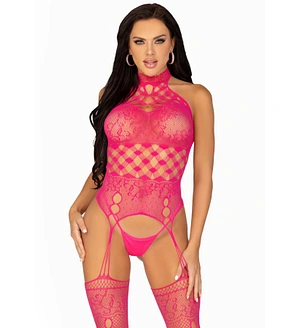 Мереживний бодістокінг з відкритим доступом Leg Avenue High neck lace bodystocking One size Raspberr