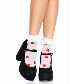 Шкарпетки жіночі з полуничним принтом Leg Avenue Strawberry ruffle top anklets One size, мереживні м