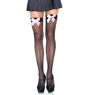 Панчохи-сітка з атласним бантиком Leg Avenue Fishnet Thigh Highs One size, Black With Bow Pink