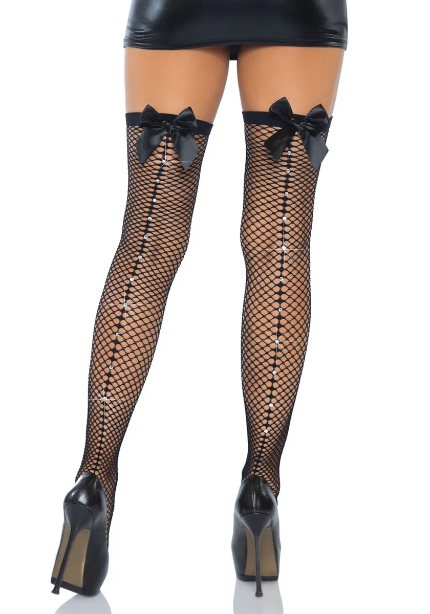 Панчохи-сітка зі швом ззаду Leg Avenue Bow back seam thigh highs One size , атласний бант