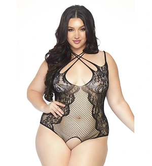 Тедді з відкритим доступом Leg Avenue Net lace crotchless teddy 1X–2X Black, шнурівка на спині