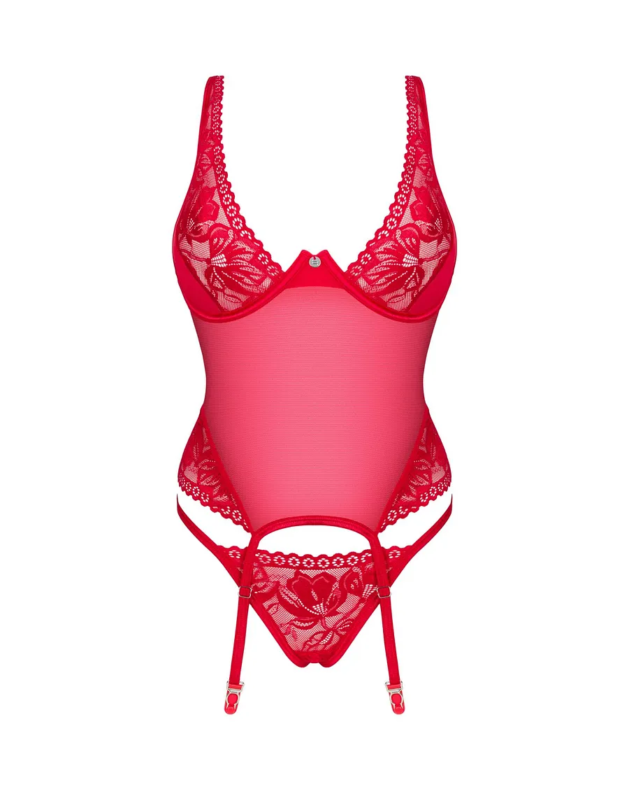 Прозорий корсет Obsessive Lacelove corset XL/2XL Red, мереживо, підв’язки для панчіх