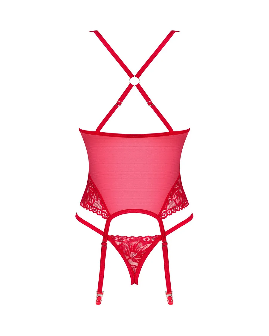 Прозорий корсет Obsessive Lacelove corset XL/2XL Red, мереживо, підв’язки для панчіх