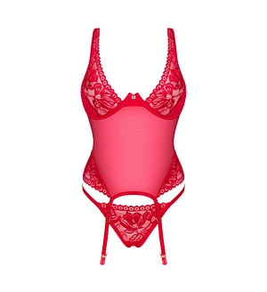 Прозорий корсет Obsessive Lacelove corset XL/2XL Red, мереживо, підв’язки для панчіх