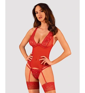 Прозорий корсет Obsessive Lacelove corset XL/2XL Red, мереживо, підв’язки для панчіх