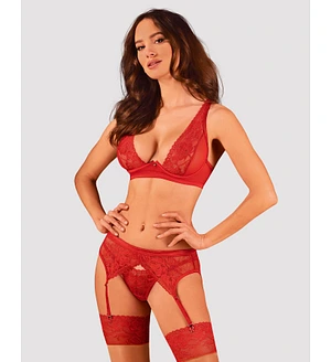 Комплект білизни Obsessive Lacelove cupless 3-pcs set M/L Red, бюстгальтер, стрінги, пояс для панчіх
