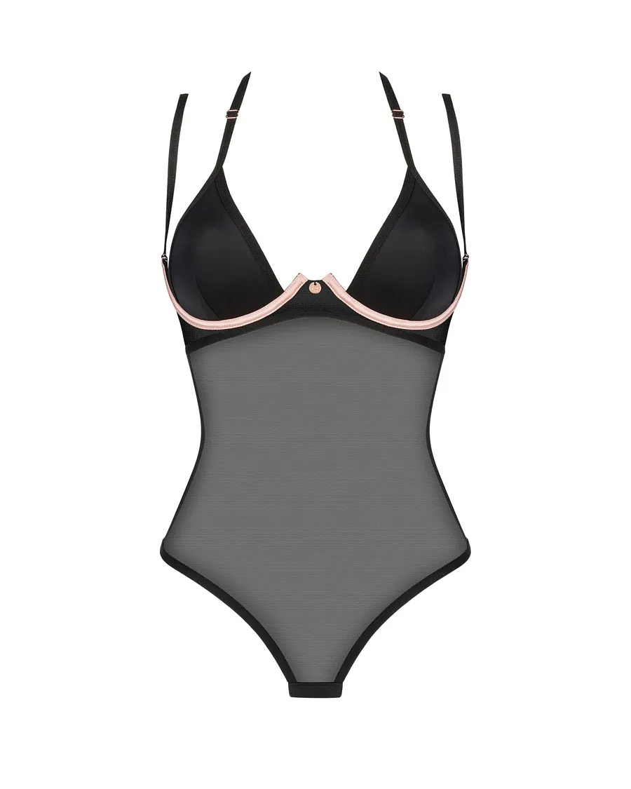 Прозоре боді Obsessive Selinne teddy Black, дрібна сітка, подвійні бретелі
