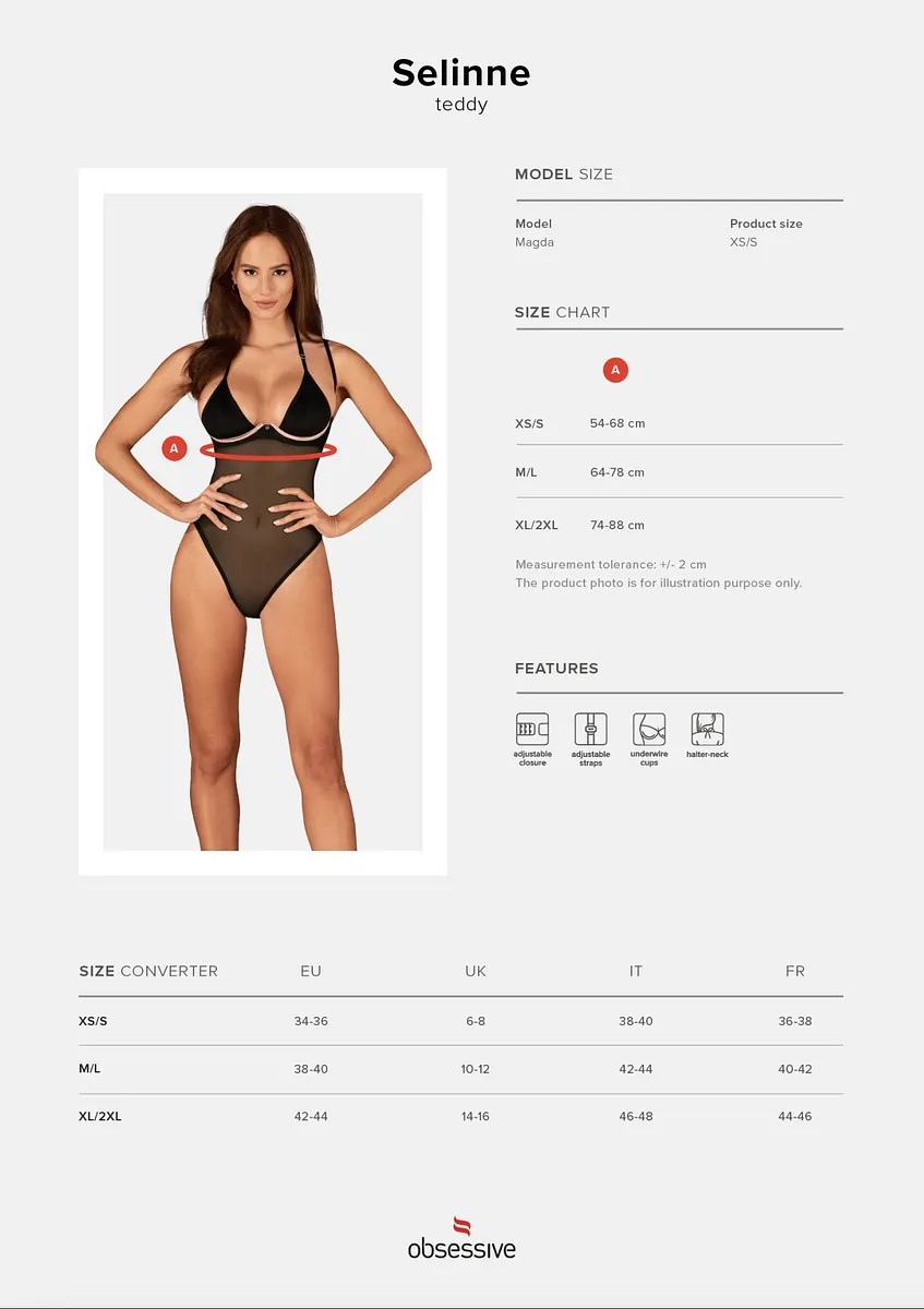 Прозоре боді Obsessive Selinne teddy Black, дрібна сітка, подвійні бретелі