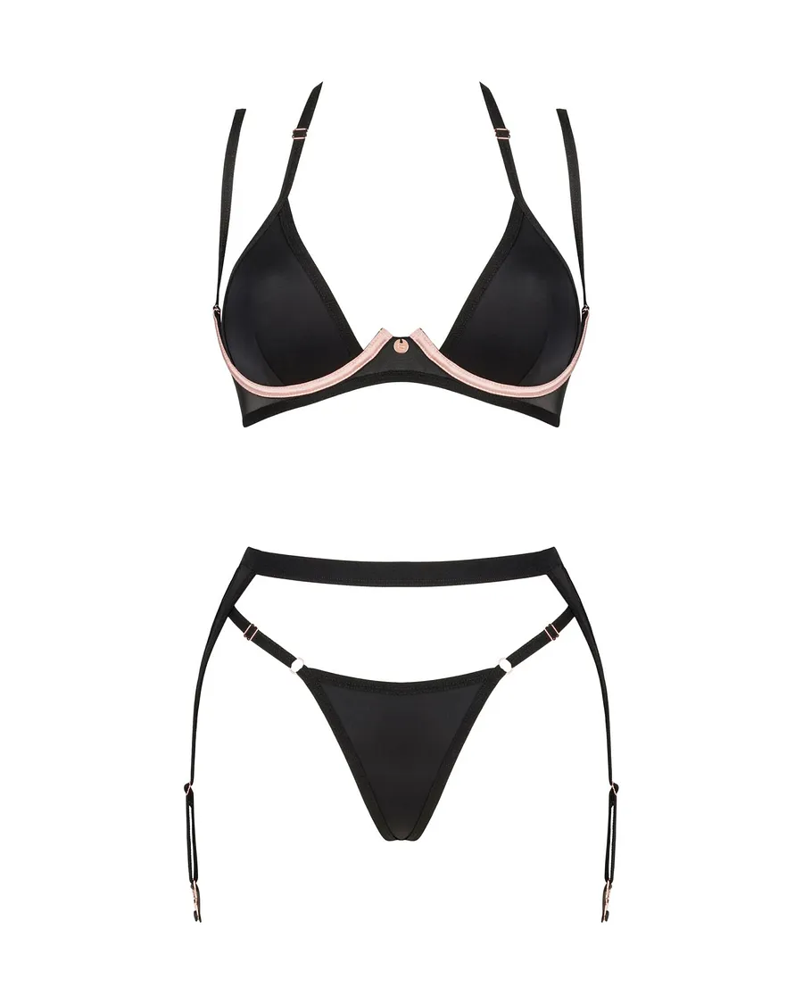 Комплект білизни Obsessive Selinne 3-pcs set Black, бюстгальтер, стрінги пояс для панчіх