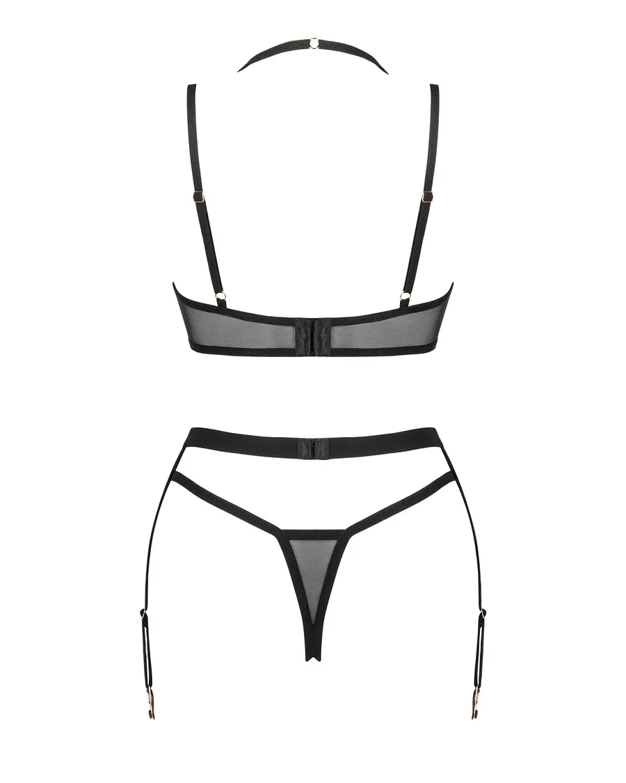 Комплект білизни Obsessive Selinne 3-pcs set Black, бюстгальтер, стрінги пояс для панчіх
