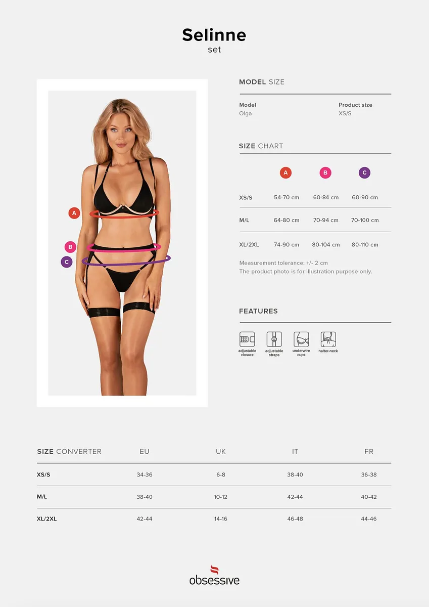 Комплект білизни Obsessive Selinne 3-pcs set Black, бюстгальтер, стрінги пояс для панчіх