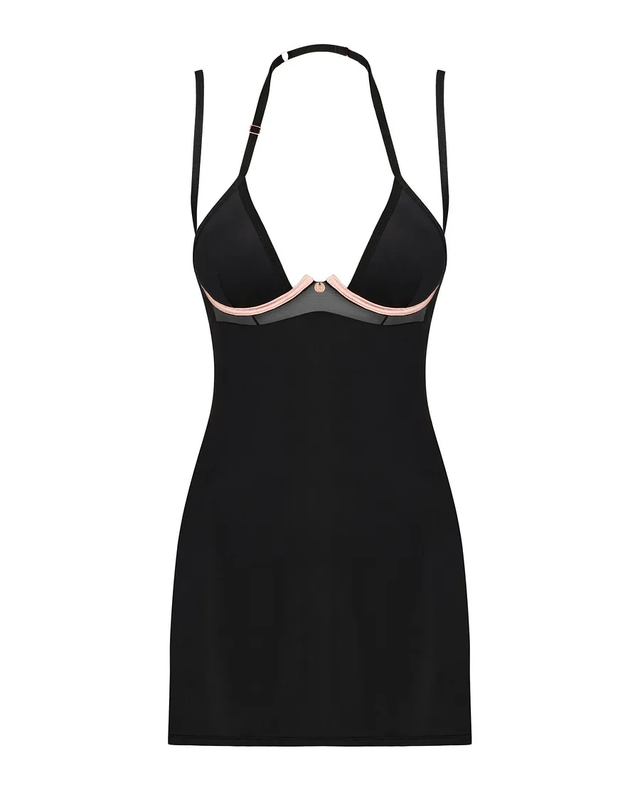 Сорочка Obsessive Selinne chemise & thong Black, стрінги, подвійні бретелі