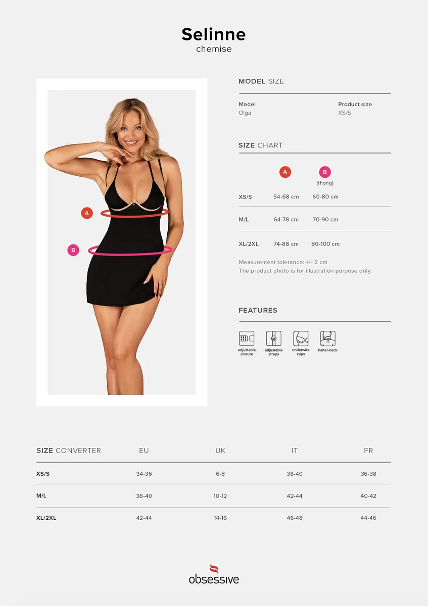 Сорочка Obsessive Selinne chemise & thong Black, стрінги, подвійні бретелі