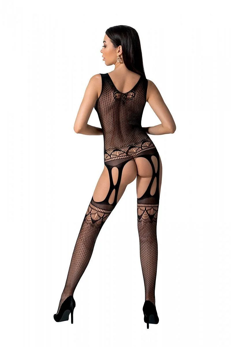 Бодістокінг з плетінням на грудях Passion BS099 One Size, black, відкритий доступ,імітація підв’язок
