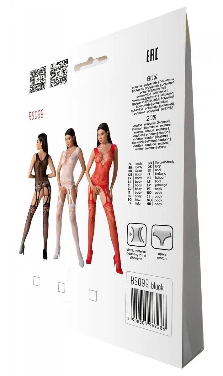 Бодістокінг з плетінням на грудях Passion BS099 One Size, black, відкритий доступ,імітація підв’язок