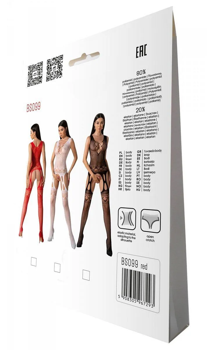 Бодістокінг з плетінням на грудях Passion BS099 One Size, red, відкритий доступ, імітація підв’язок
