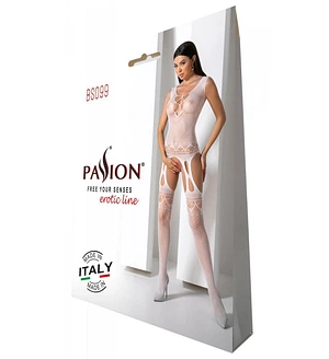Бодістокінг з плетінням на грудях Passion BS099 One Size, white, відкритий доступ, імітація підв’язо