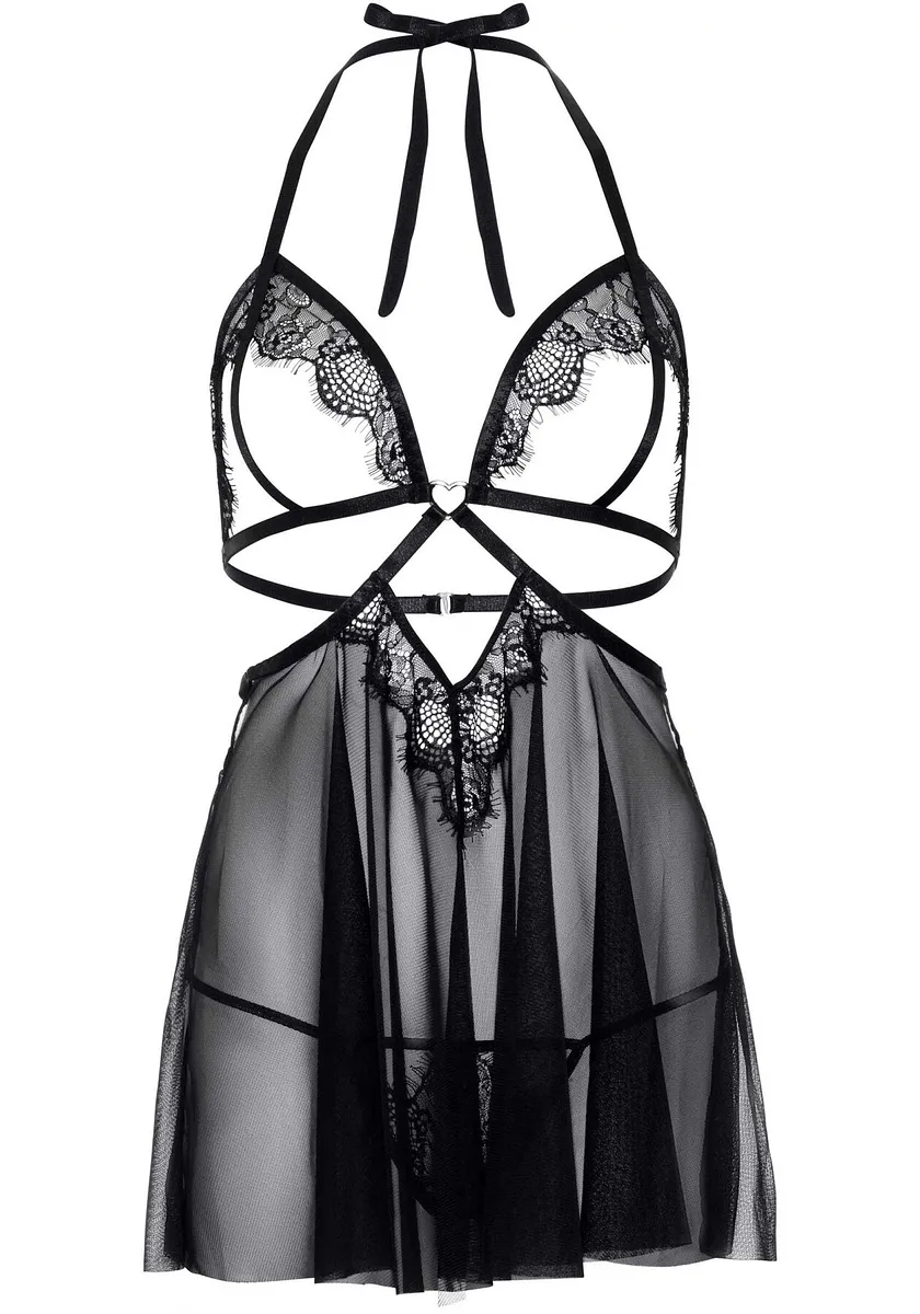 Сорочка бебі-дол з відкритими чашками Leg Avenue Lace and mesh babydoll & panty Black , стрінги