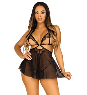 Сорочка бебі-дол з відкритими чашками Leg Avenue Lace and mesh babydoll & panty Black , стрінги