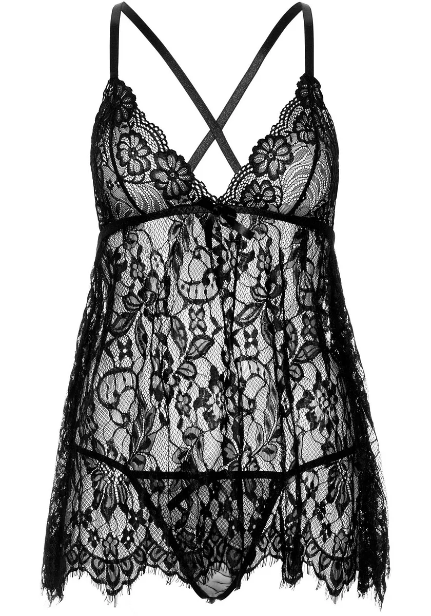 Сорочка бебі-дол Leg Avenue Floral lace babydoll & string Black , стрінги