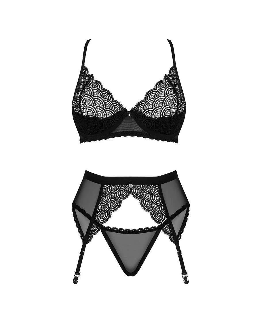 Комплект Obsessive Chemeris 3-pcs set , стрінги, пояс для панчіх, бюстгальтер