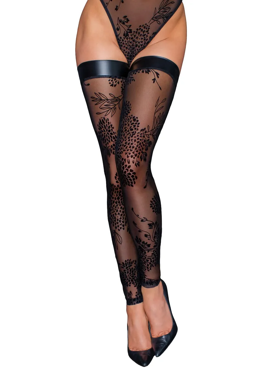 Панчохи без миска Noir Handmade F243 Tulle stockings with patterned flock embroidery