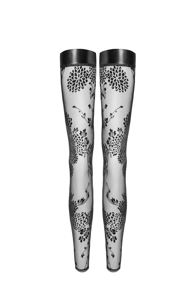 Панчохи без миска Noir Handmade F243 Tulle stockings with patterned flock embroidery