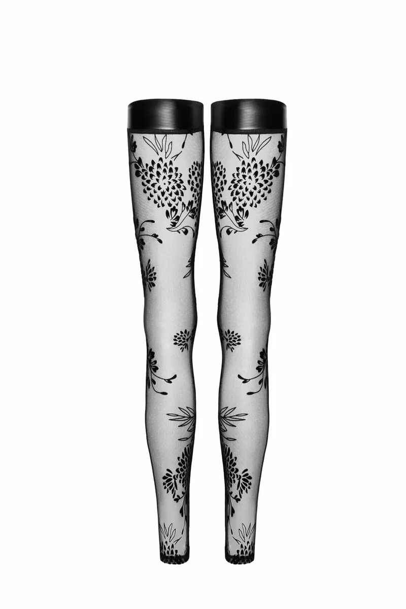 Панчохи без миска Noir Handmade F243 Tulle stockings with patterned flock embroidery