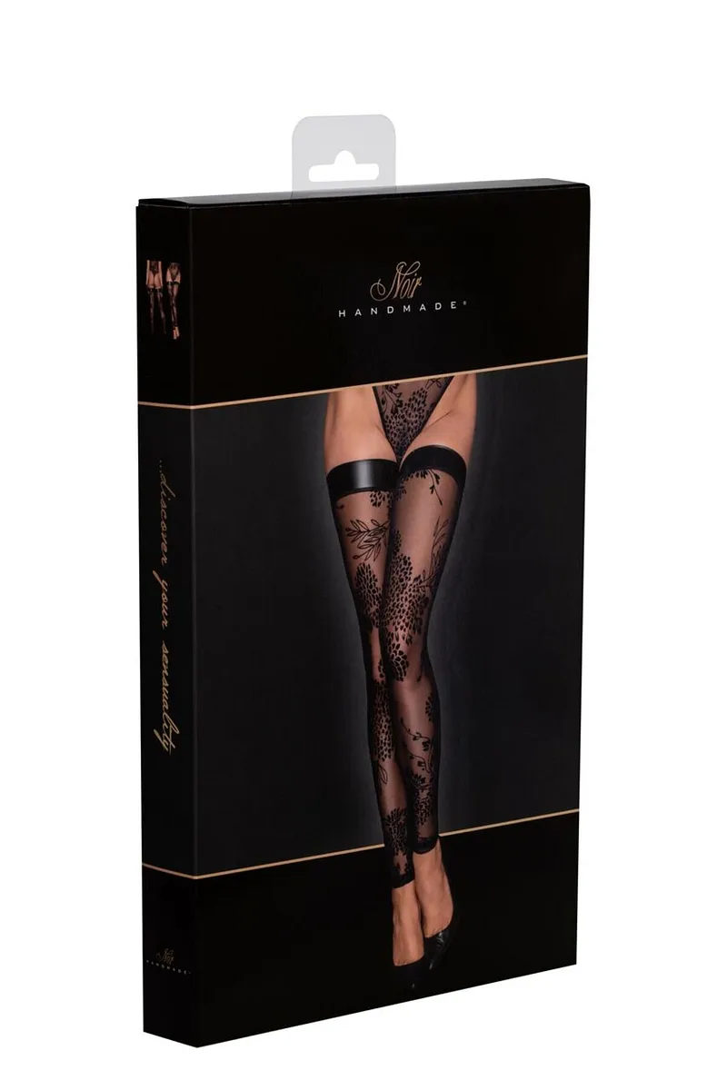 Панчохи без миска Noir Handmade F243 Tulle stockings with patterned flock embroidery