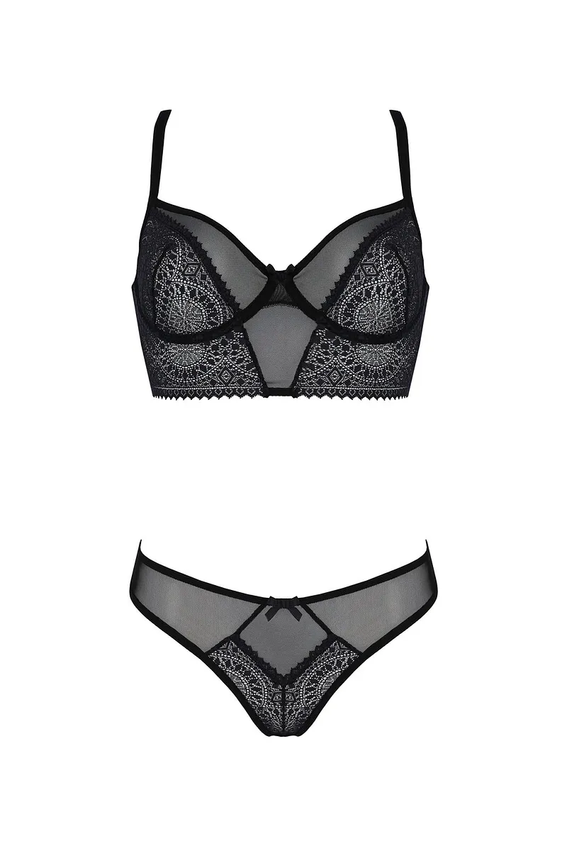 Комплект Passion DROSERA SET black S/M, сітка+мереживо, бюстьє та трусики танга
