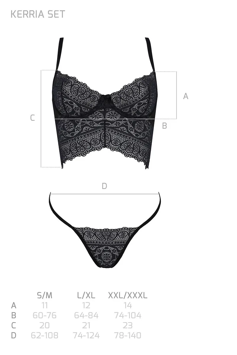 Комплект Passion KERRIA SET black, XXL/XXXL сітка+мереживо, бюстьє та стрінги