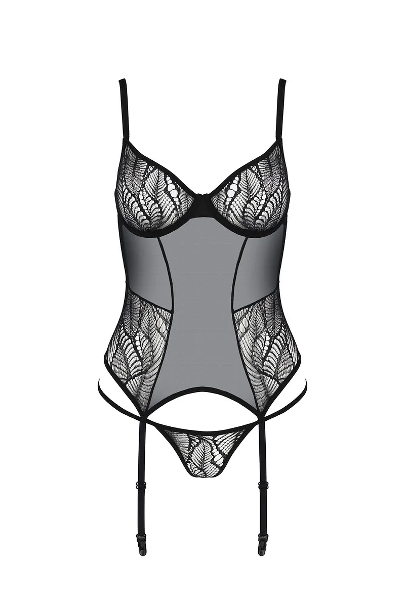 Корсет Passion LEAFA CORSET black, XXL/XXXL, м'які чашки, затискачі для панчіх, стрінги в комплекті