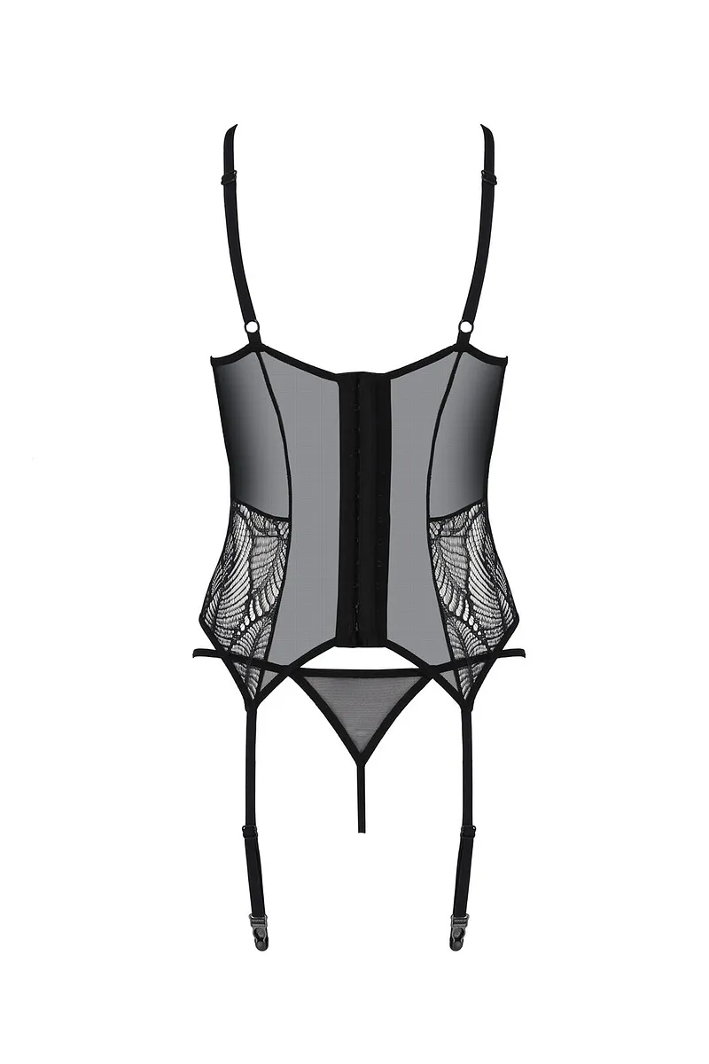 Корсет Passion LEAFA CORSET black, XXL/XXXL, м'які чашки, затискачі для панчіх, стрінги в комплекті
