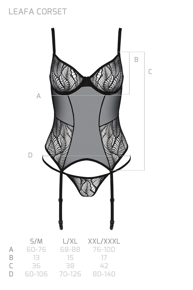 Корсет Passion LEAFA CORSET black, XXL/XXXL, м'які чашки, затискачі для панчіх, стрінги в комплекті