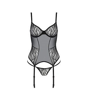 Корсет Passion LEAFA CORSET black, XXL/XXXL, м'які чашки, затискачі для панчіх, стрінги в комплекті