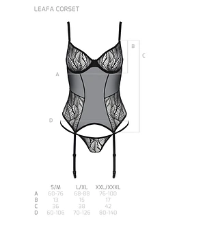 Корсет Passion LEAFA CORSET black, XXL/XXXL, м'які чашки, затискачі для панчіх, стрінги в комплекті
