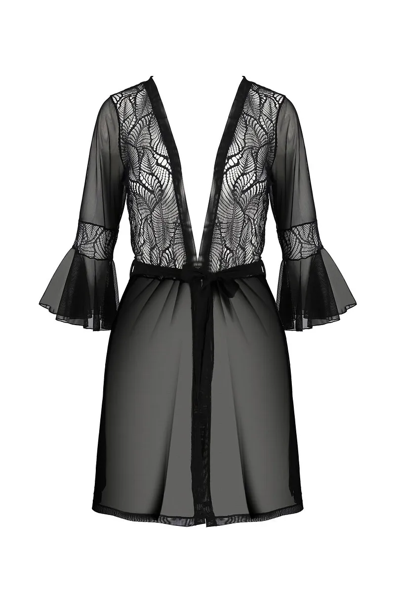 Пеньюар Passion LEAFA PEIGNOIR black, , довжина трохи вище коліна, широкі рукави, зав'язується на пояс