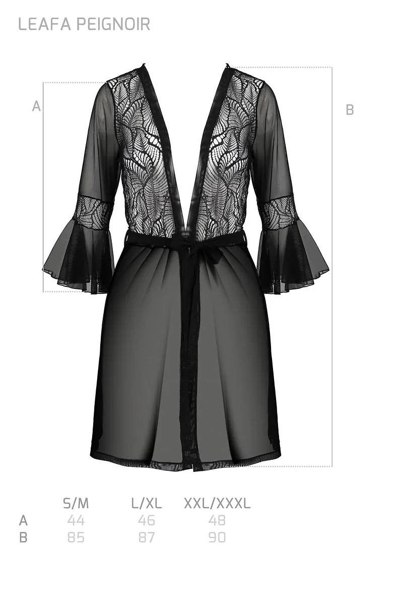 Пеньюар Passion LEAFA PEIGNOIR black, , довжина трохи вище коліна, широкі рукави, зав'язується на пояс