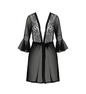 Пеньюар Passion LEAFA PEIGNOIR black, , довжина трохи вище коліна, широкі рукави, зав'язується на пояс