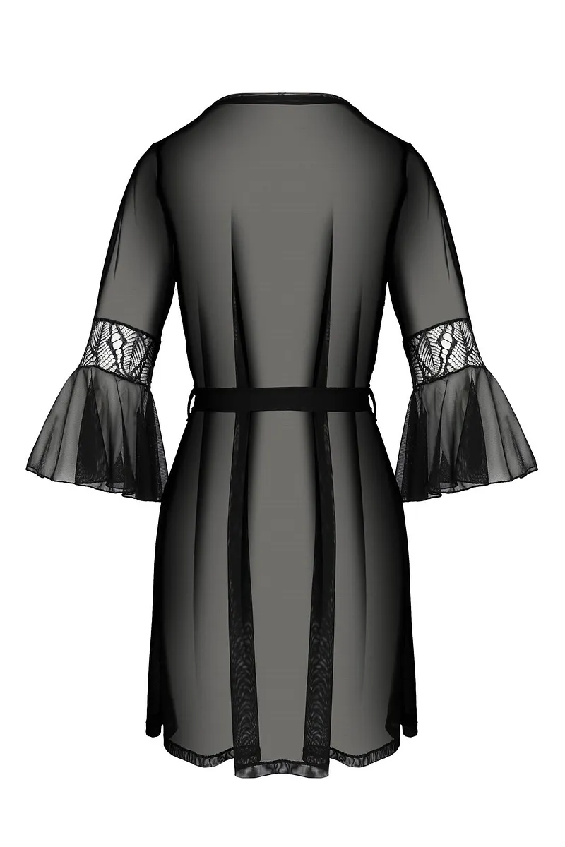 Пеньюар Passion LEAFA PEIGNOIR black S/M, довжина трохи вище коліна, широкі рукави, зав'язується на пояс
