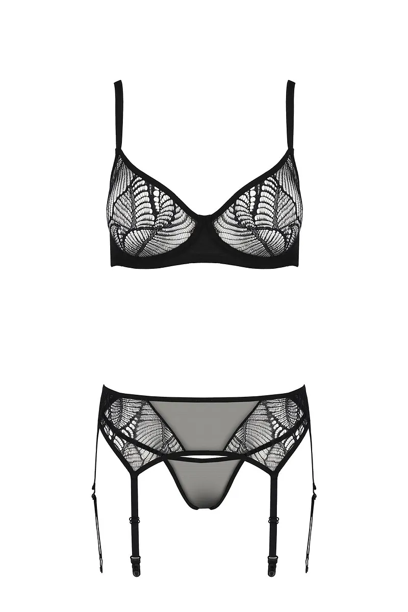 Комплект Passion LEAFA SET black S/M, мереживо+сітка, бюстгальтер на кісточках, стрінги, пояс для панчіх